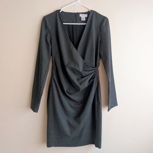 Barneys New York Vintage 90s Grey Plunge Neck Structured Pleated Midi Dress